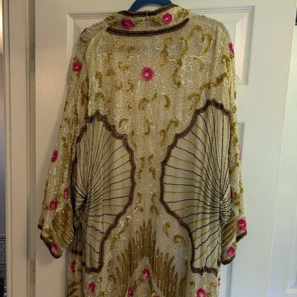 1920s Flapper Style Birjand Gunit Gold Beaded Jacket Duster Silk Art Deco - Picture 3 of 9